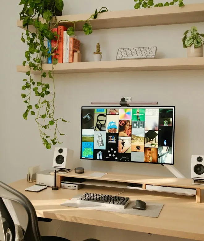 Arbeitsplatz einer Agentur: auf dem Monitor liegen Entwürfe als Raster, daneben ein Regal mit Büchern und Pflanzen.