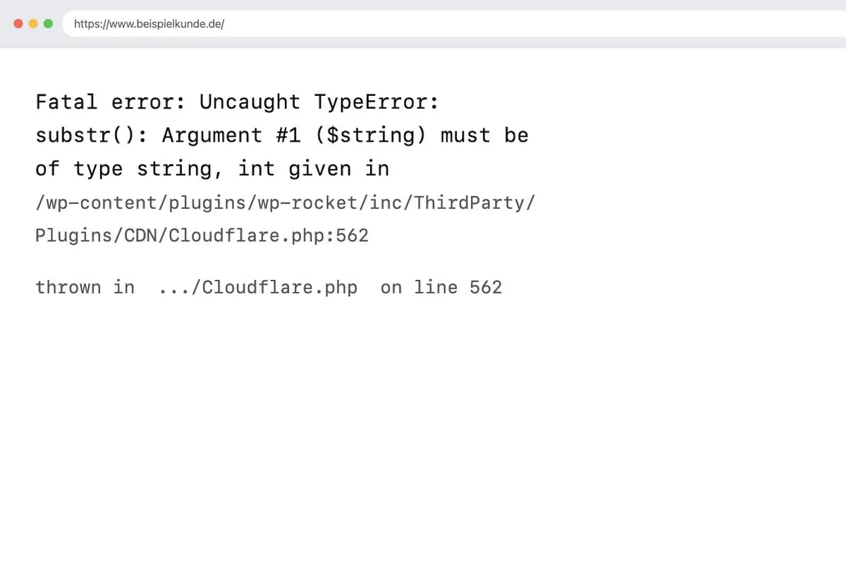 Browserfenster mit der PHP-Fatal-Error-Ausgabe zu substr() aus dem WP-Rocket-Plugin