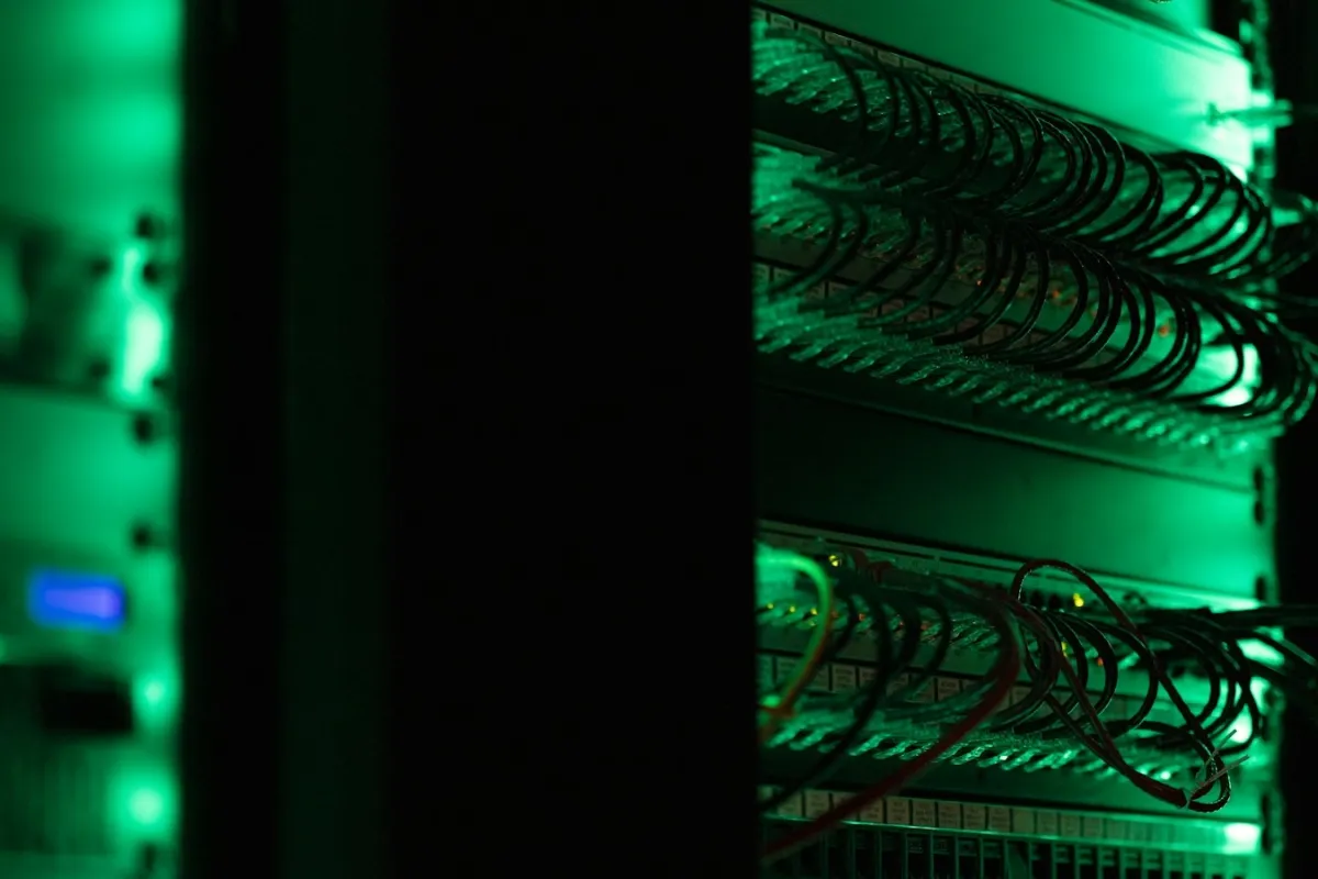 Dunkler Serverraum mit grün beleuchteten Patchfeldern und dicht gesteckten Netzwerkkabeln