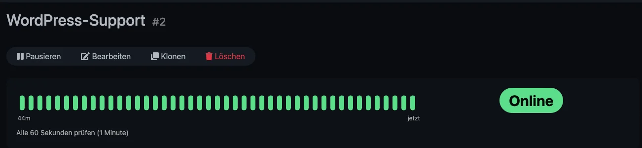 Uptime-Kuma zeigt für den Monitor WordPress-Support durchgehend grüne Prüfungen im Minutentakt, Status online.